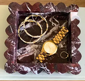 Hand-crafted Decorative Cherry Rosso Levanto Marble Scallop Edge Square Tray, 8x8x1.5 Marble Vanity Tray, Marble Charcuterie, Gift Under 100