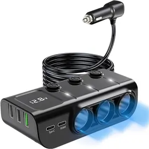 8 in 1 Cigarette Lighter Splitter, 3 Socket Car Charger Adapter, Type-C QC3.0 PD36W Dual USB Charger Port, Car 12V/24V Plug Outlet with Independent Switches, LED Voltmeter(3.3FT Cable)