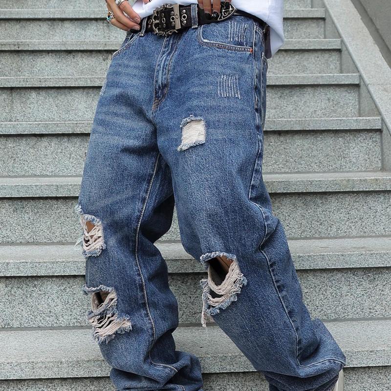 MZNBURAM Men's Ripped Non-Stretch Relaxed Fit Straight-Leg Denim Pants Jeans-Menswear Streetwear Trouser