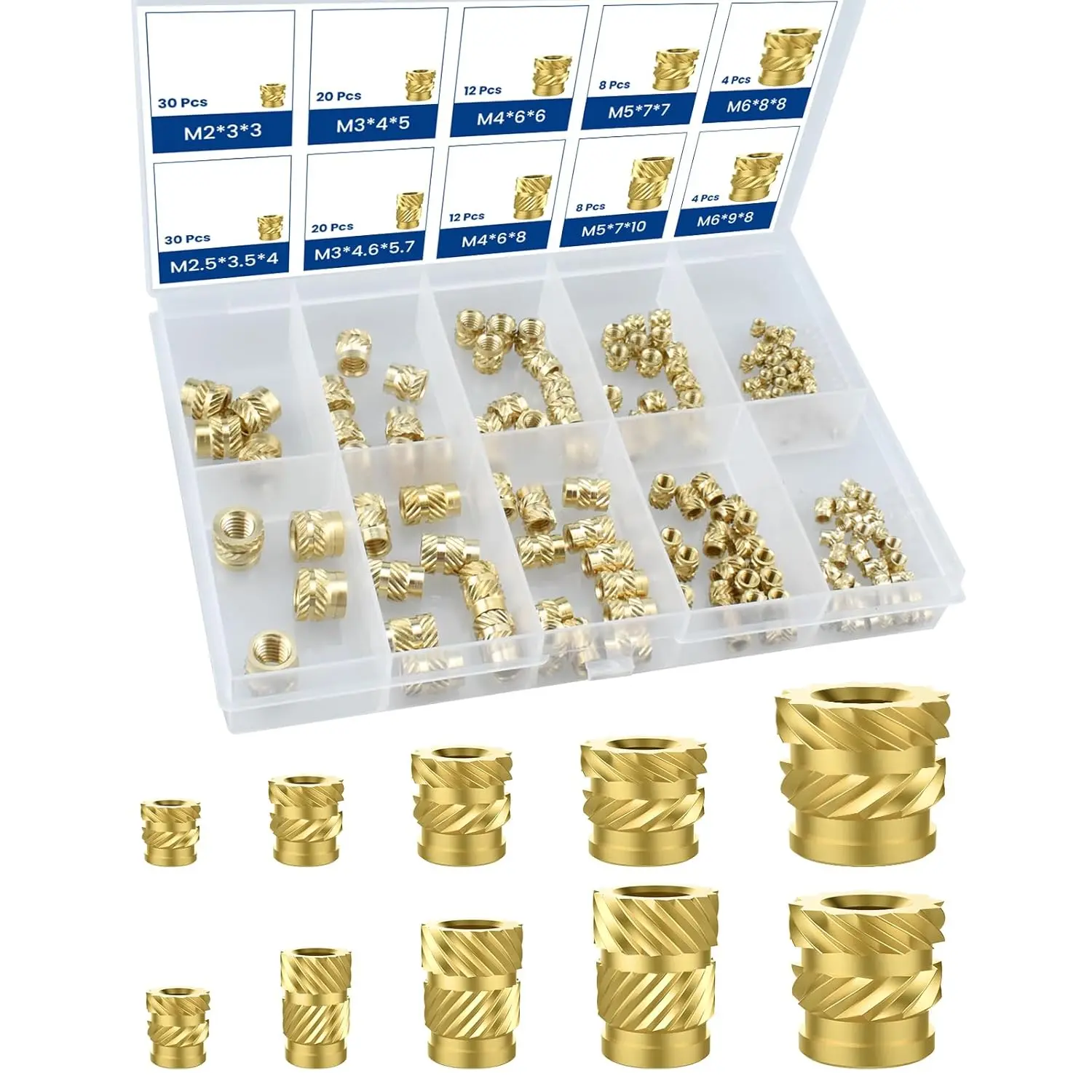 148 count Threaded Inserts Assortment Kit, M2 M2.5 M3 M4 M5 M6 Brass Heat Set Insert, Metric Knurled Nuts for Plastic and  Printing Components, 12 Count M4x6×6, 20 Count M3x5.7×4.6