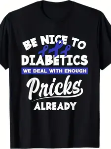 Men's Diabetes Awareness T-Shirt - Be Nice to Diabetics Humorous Print with Type 1 & 2 Diabetes Symbols, 100% Cotton Black Crewneck Tee, Moisture-Wicking Retro Shirt for Casual Wear, Charity Events & Diabetic (Light Blue/Purple Text)