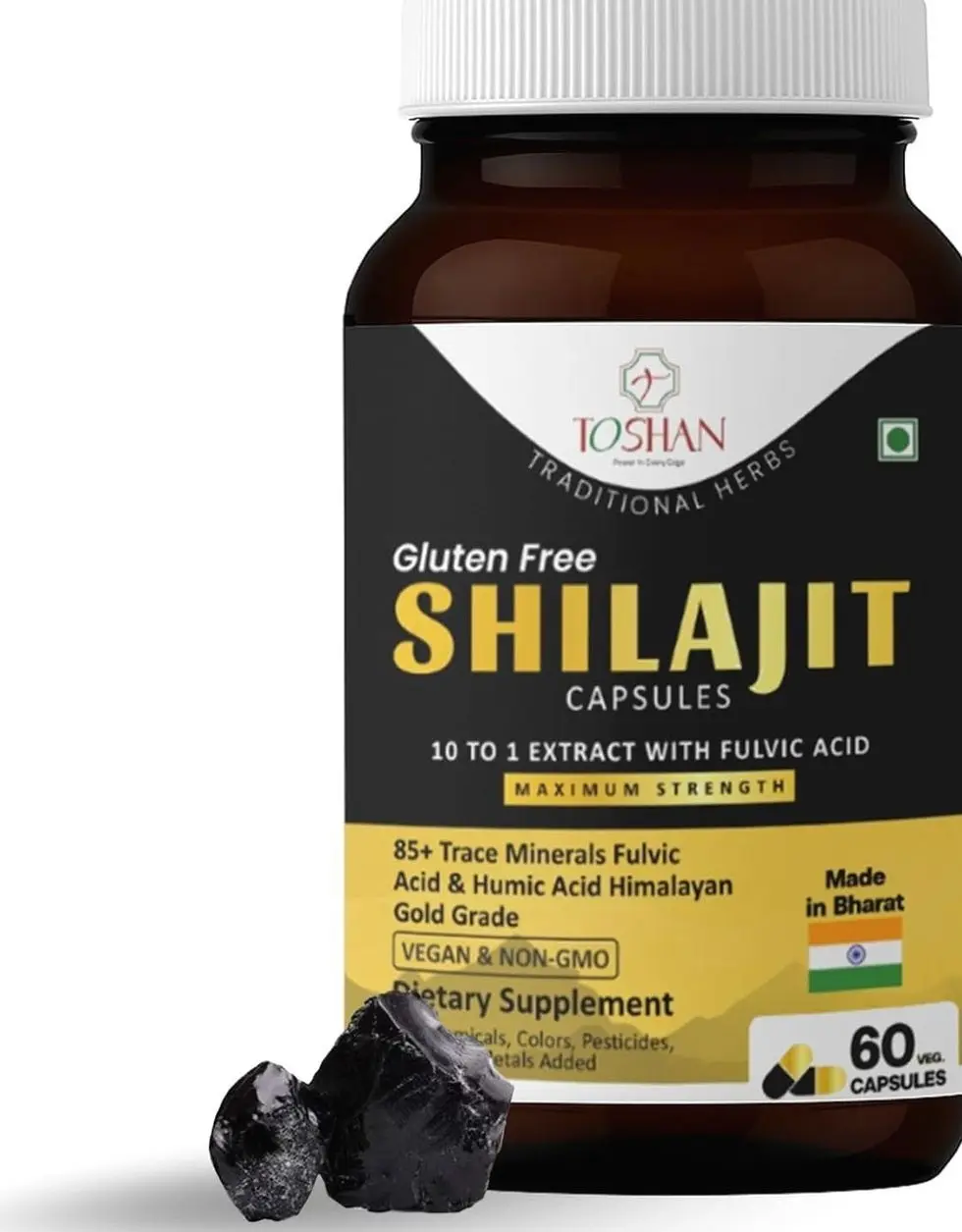 TOSHAN Himalayan Shilajit Capsules 500mg - 10:1 Shilajit Extract with Over 20% Fulvic Acid & Humic Acid - 85+ Trace Minerals for Natural Support - Maximum Strength, Vegan, Non-GMO - 60 Veg Capsules