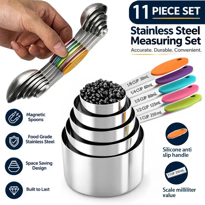 11 piece stainless steel measuring cup and magnetic spoon measuring set, food grade design, space saving, durable, suitable for measuring the ratio of dry and liquid ingredients in food during cooking.