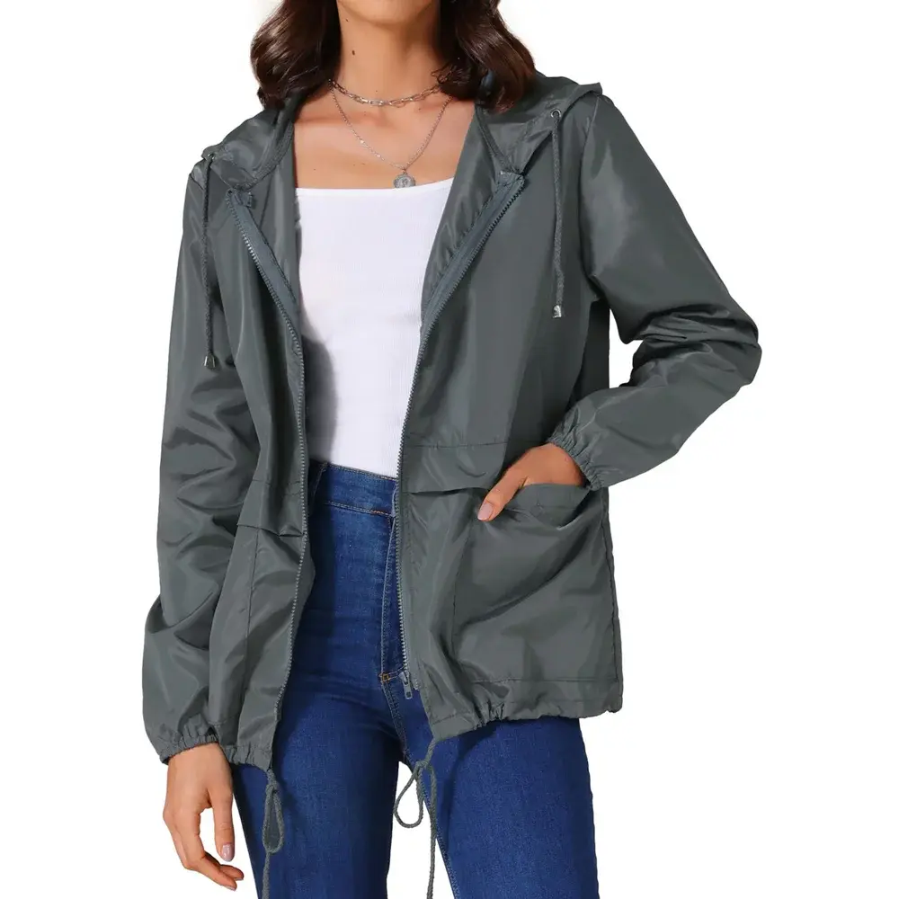 INSPIRE CHIC Women's Rain Jacket, Lightweight Waterproof Hooded Polyester Windbreaker with Full Zip, Adjustable Hem and Pockets