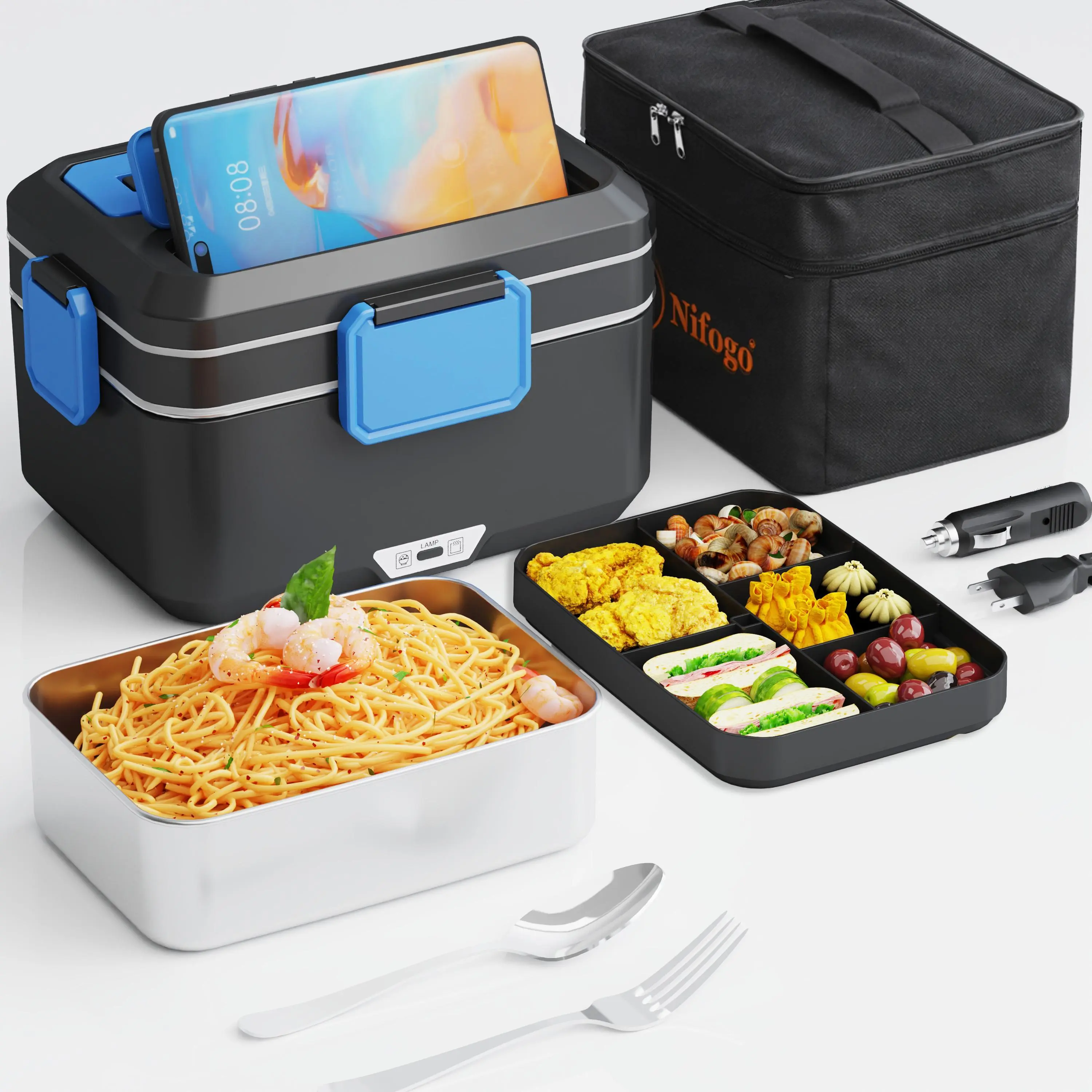 Nifogo Electric Heated Lunch Box - 1.5L/1.8L/2.5L Thermal Fast Heating Leakproof Insulated Lunchbox, 110V/12V/24V Portable with Tableware & Lunch Bag for Home, Office, Thermal Lunch Box
