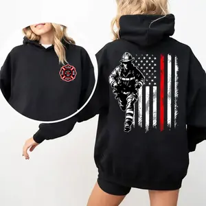 [Made in USA] Firefighter American Flag Hoodie, Patriotic Fire Dept Graphic Pullover Hoodie, Thin Red Line Back Print Sweatshirt, First Responder Vintage Streetwear, Gift For Firefighter Men Women.