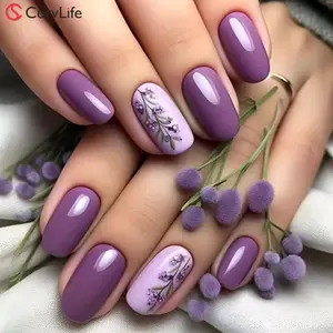 Lavender Inspired Press-On Nails | CurvLife Nail | 24pcs Short Oval Fake Nails | Glossy Finish with Soft Lavender Floral Accents | Easy to Apply, Comfortable Fit & Long-Lasting Hold | Ideal for Daily Wear, Business Meetings & Elegant Special Occasions