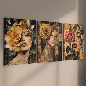 3-Piece Modern Art Canvas Prints, Rose Woman Poster, Solid Wood Frame Wall Decor, Waterproof HD Print, Living Room & Bedroom Decoration