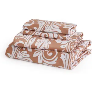 JSD Burnt Orange Paisley Cotton King Sheet Set, 300 Count Printed Sateen Sheets, Soft Breathable Cooling Bed Sheets Deep