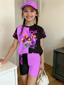 Spring Summer Fashion Kpop Anime Girl Patchwork Print Set, Girls Short Sleeve T-Shirt and Shorts 2 Piece Set, Soft Comfortable Fabric