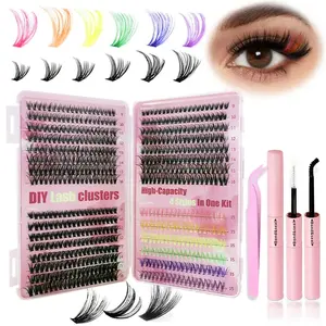 Mixed-Size Individual False Eyelash Extensions Set with Glue & Lash Applicator Tools, Multicolored Rainbow Natural Curl Lashes, DIY False Eyelash Cluster Eye Makeup Kit for Women & Girls