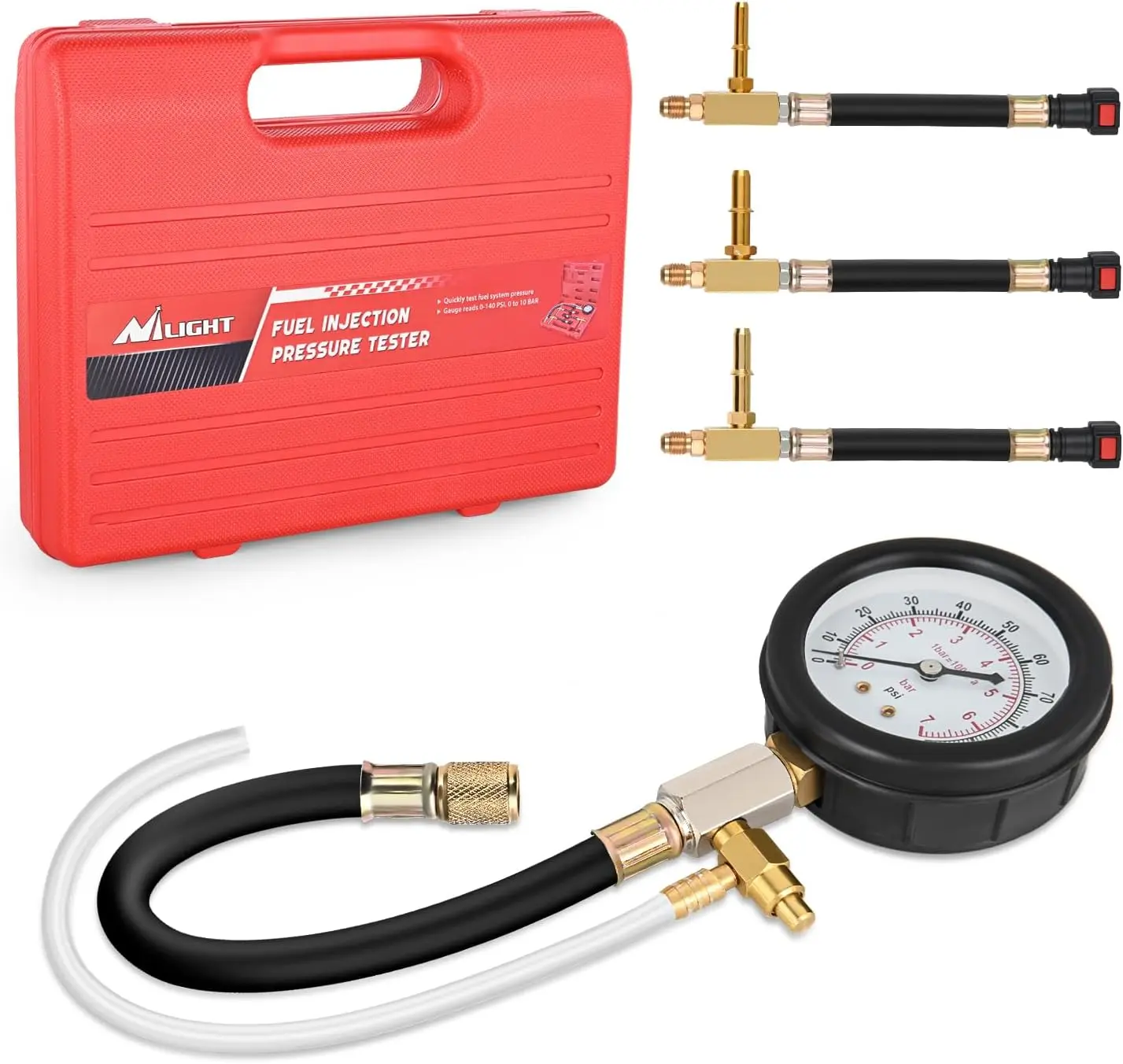 Nilight Fuel Pressure Gauge Tester Kit, Automotive Repair Tools with 0-100 PSI Range, Quick-Connect Hose, 4 Fuel Line Fittings (6.30/7.89/9.49) for Car Diagnostics
