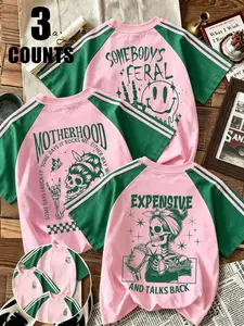 3-Pack American Vintage Colorblock Raglan T-Shirts, Oversize Striped Patchwork Fun Slogan Print, Tiktok Sweet Cool Trend