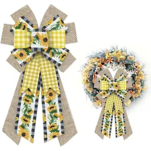 Large Yellow Sunflower Bows for Wreath, Spring Yellow White Buffalo Plaid Wreath Bows Idyllic Romantic Floral Bows for Front Door, Farmhouse Ornament Burple Tree Bows for Holiday Indoor Outdoor Decor