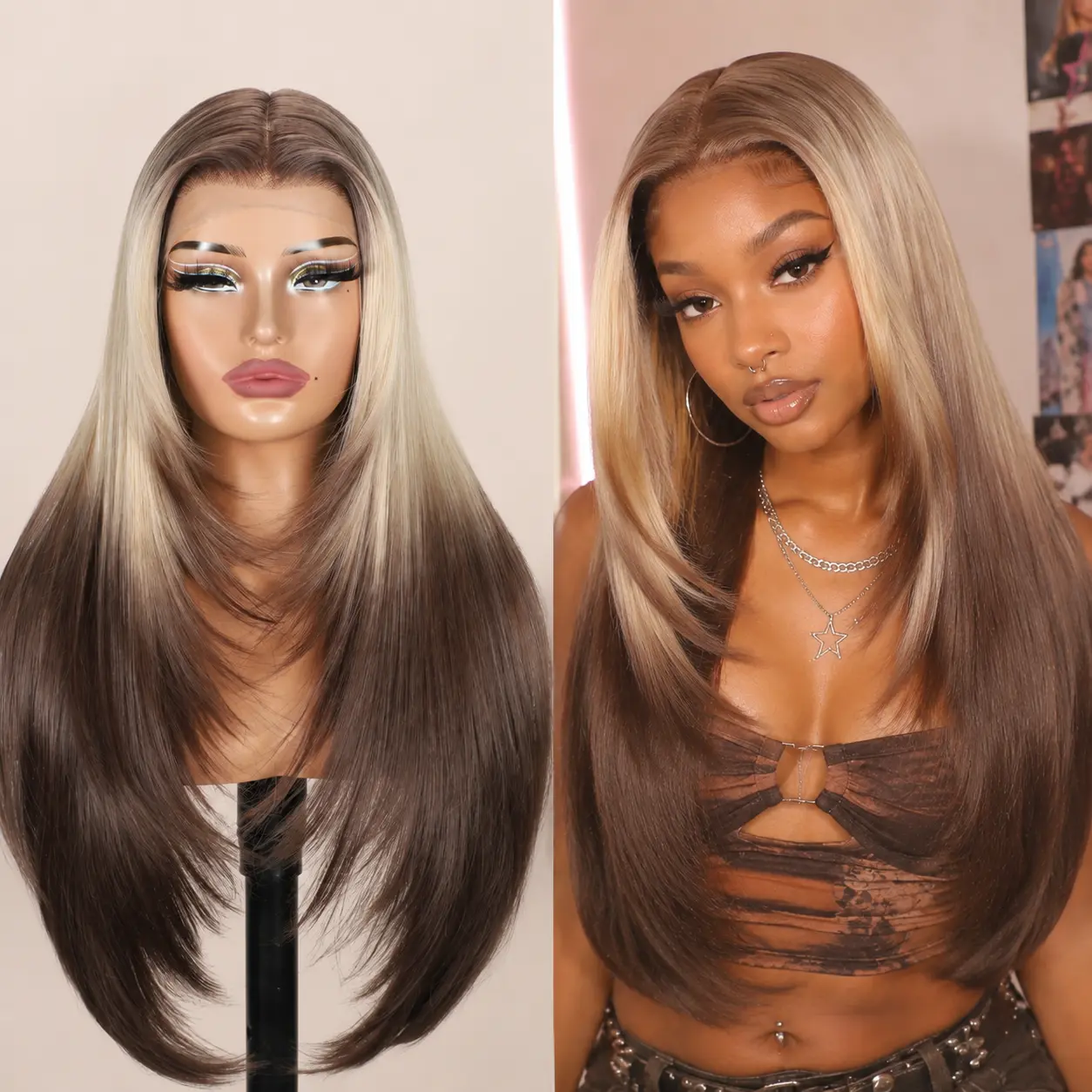 NEWTRESS Wear Go Glueless Synthetic Lace Front Wig, 26" Length Natural Straight with Pre-Cut T Lace, Pre-Plucked Hairline, Middle Part, Adjustable Drawstring, Face-Framing Layers, Heat-Resistant Fiber for Daily Wear, Party, Dating hair density
