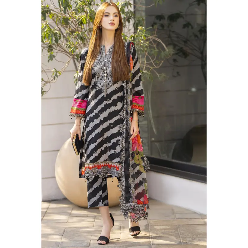 white christmas dresses All-Over Print Embroidered Lawn Dress with Chiffon Dupatta (DZ17020) –  DressyZone.com