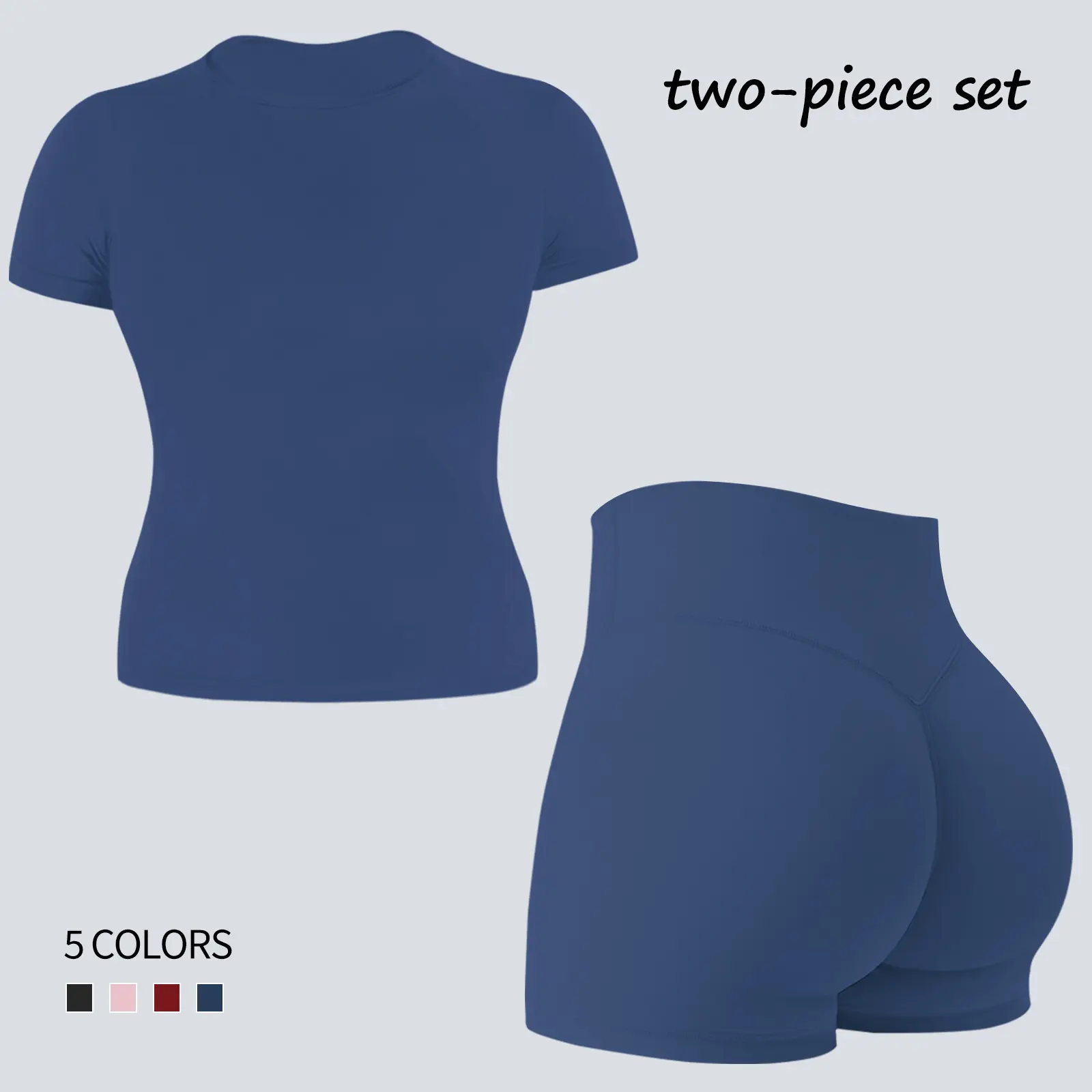 Jetjoy Female 2-Piece Workout Set - Seamless Short Sleeve Tank Top (T-Shirt, Crop Top), Hidden Scrunch Tummy Tuck Shorts, Summer Athleisure Gym Yoga Outfit, S, T-Shirts, Short Sleeve Tops, Moisture Wicking