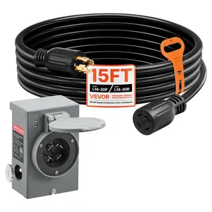 Summervibes VEVOR 30 Amp Generator Cord and Power Inlet Box, 15 FT, 125/250V NEMA L14-30P to L14-30R Heavy Duty Extension Power Cord, SJTW 10 Gauge 7500W, Pre-Drilled Inlet Box, for Generator to House, ETL Listed