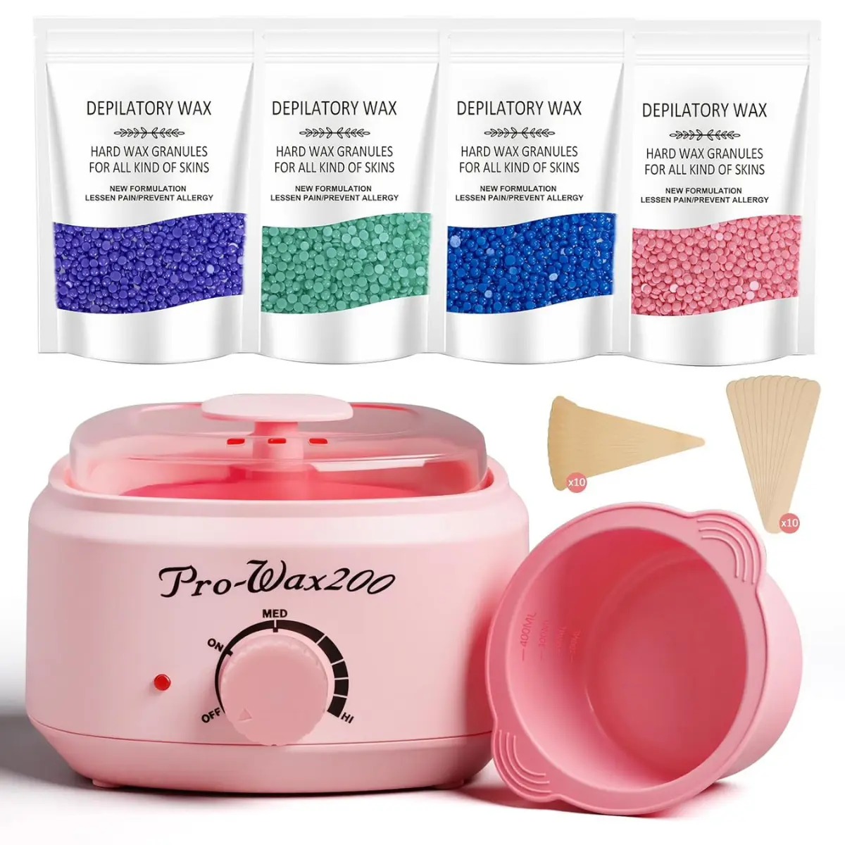 At-Home Wax Warmer Kit for Women & Men - Complete Hair Removal Set with 4 Hard Wax Bead Bags, Silicone Pot for Full Body, Bikini, Face