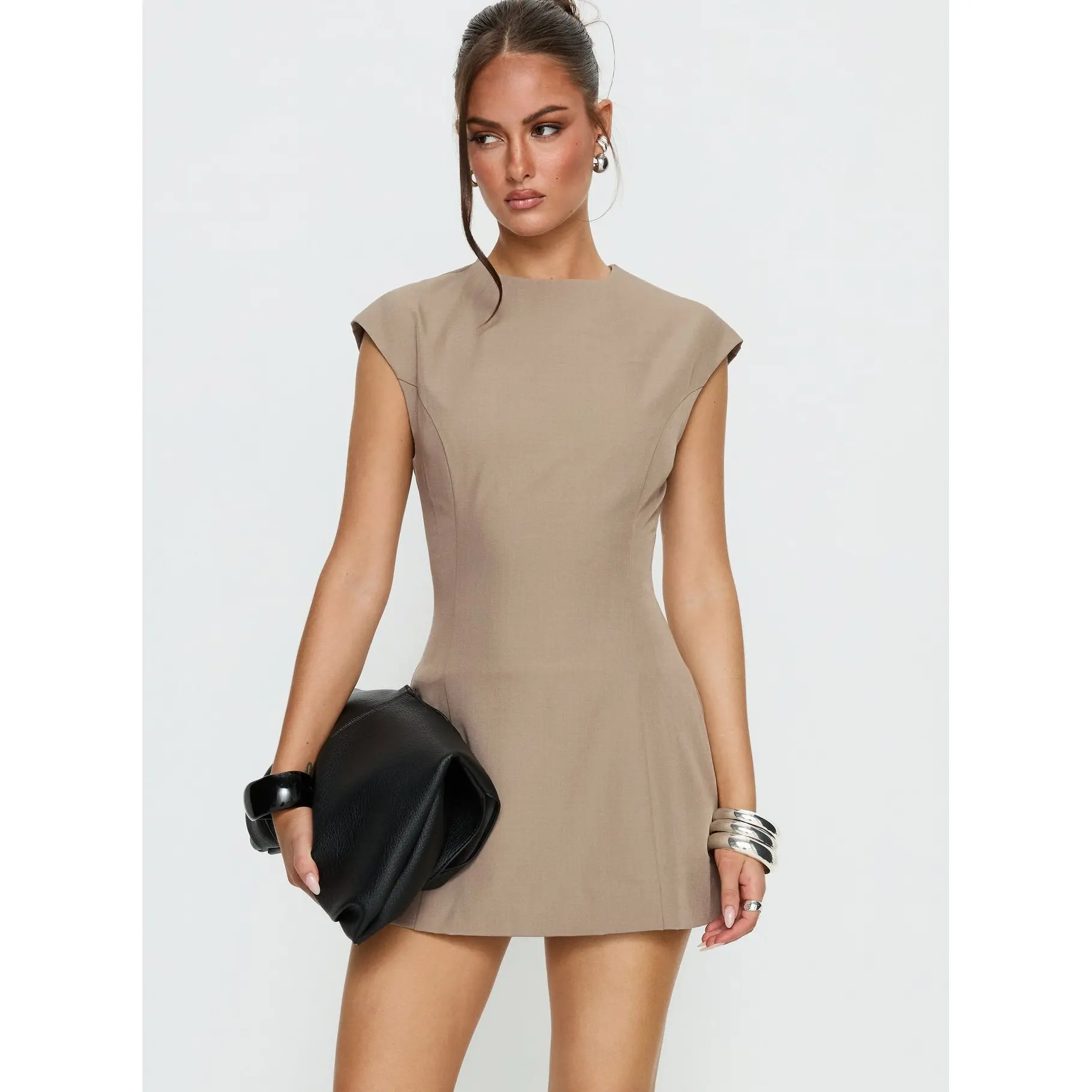 Kaelyra Tailored Cap Sleeve Romper Taupe