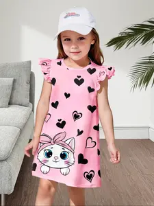Girl's Cartoon Cat Print Dress, Cute Casual Butterfly Sleeve Dress for Summer, Kids Clothes for Daily Wear, Graphic Print Dress