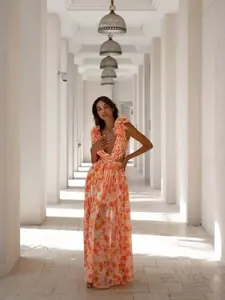 New Women's Long Dress Hollow Out Deep V Ruffle Floral Print Backless, Sleeveless Dress, Summer Fashion, Perfect for Parties and Casual Wear, Floral Cut Out Maxi Dress, Backless Lace Up Maxi Dress, Womenswear