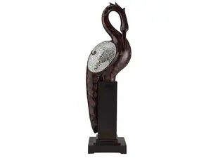 212 MAIN 27 in. Polyresin Crane Figurine Sculpture - Marbleized Cherry Brown, Glass Pedestal Decoration, Home Decor, Cultural Art Collectible Gift with Glass Accents