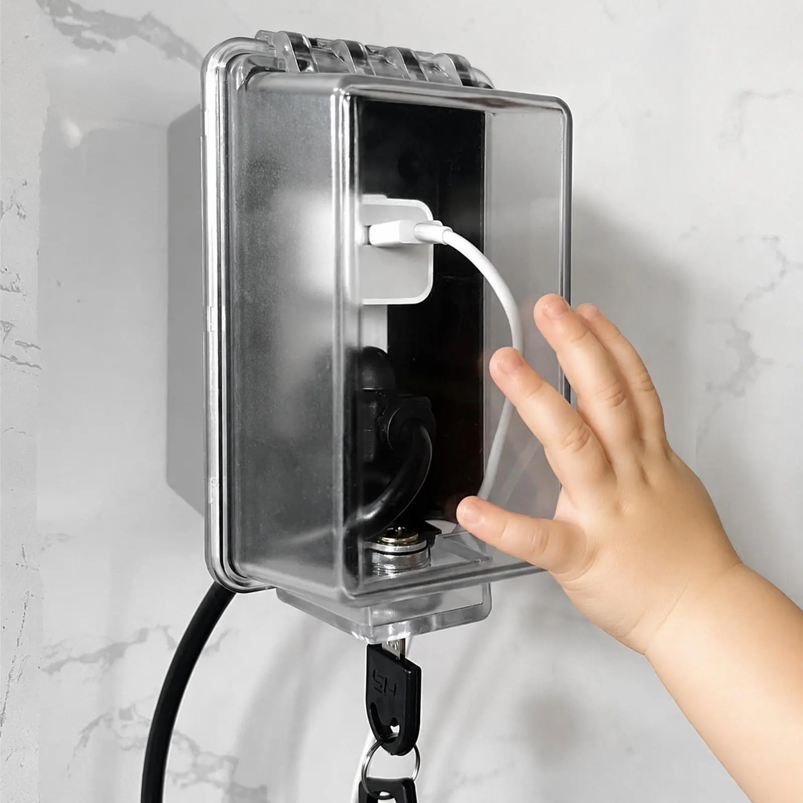 Baby Safety Outlet Cover Box-Key Lock for Much Better Toddler Proofing, Easier Operation, Simple 4 Step Install with Included Screws,Provides Extra Space Inside for Plugs,Adapters