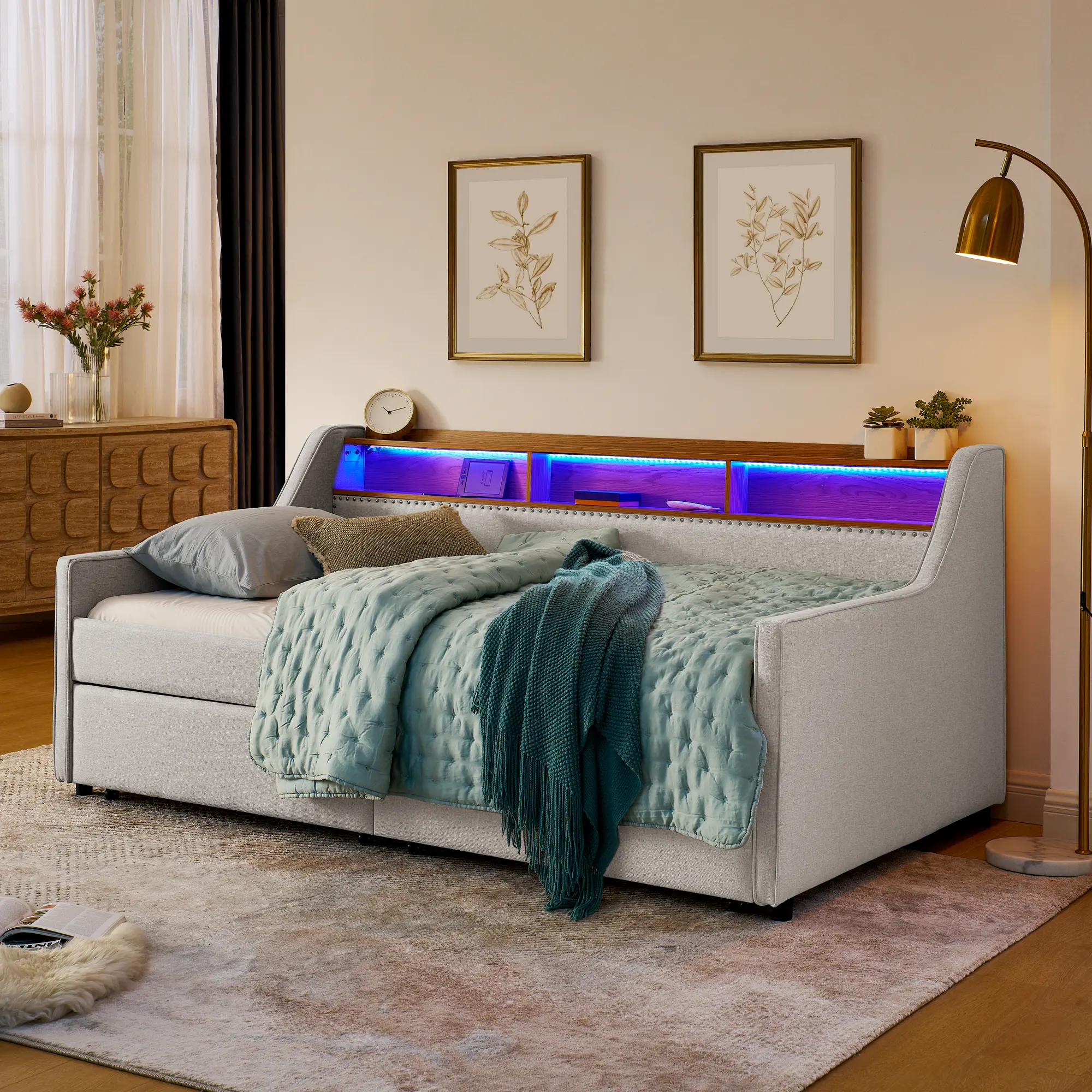 Twin Size Upholstery Sofa Bed with 3 LED Lights, Storage Adjustable Headboard, 2 Pull Out Drawers, Wireless Charging, Linen Padded Frame, Beige, Multi-Functional Sleeper Couch for Living Room Guest Room, Bedroom Furniture for Bedroom