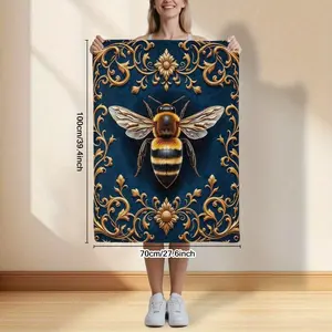 1pc Luxury Golden & Honeycomb Flannel Blanket - Navy Blue & Bedspread, All-Season Soft Bed Cover Couples, Couches, Chairs - Motif Bedding, Elegant Dark Blue Accent Throw, Birthday Mother's Day Size 70x140cm/27. 56x55. 12 In