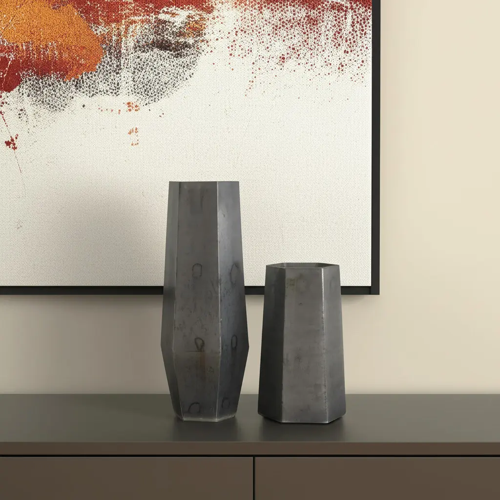 360 stand 18in Distressed Charcoal Modern Geometric Hexagonal Glass Table Vases - Set of 2, Decorative Flower Vase for Home Decor, Ideal Home Supplies Accent Gift, Decorative Vase