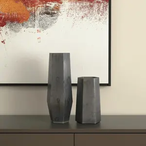 360 stand 18in Distressed Charcoal Modern Geometric Hexagonal Glass Table Vases - Set of 2, Decorative Flower Vase for Home Decor, Ideal Home Supplies Accent Gift, Decorative Vase