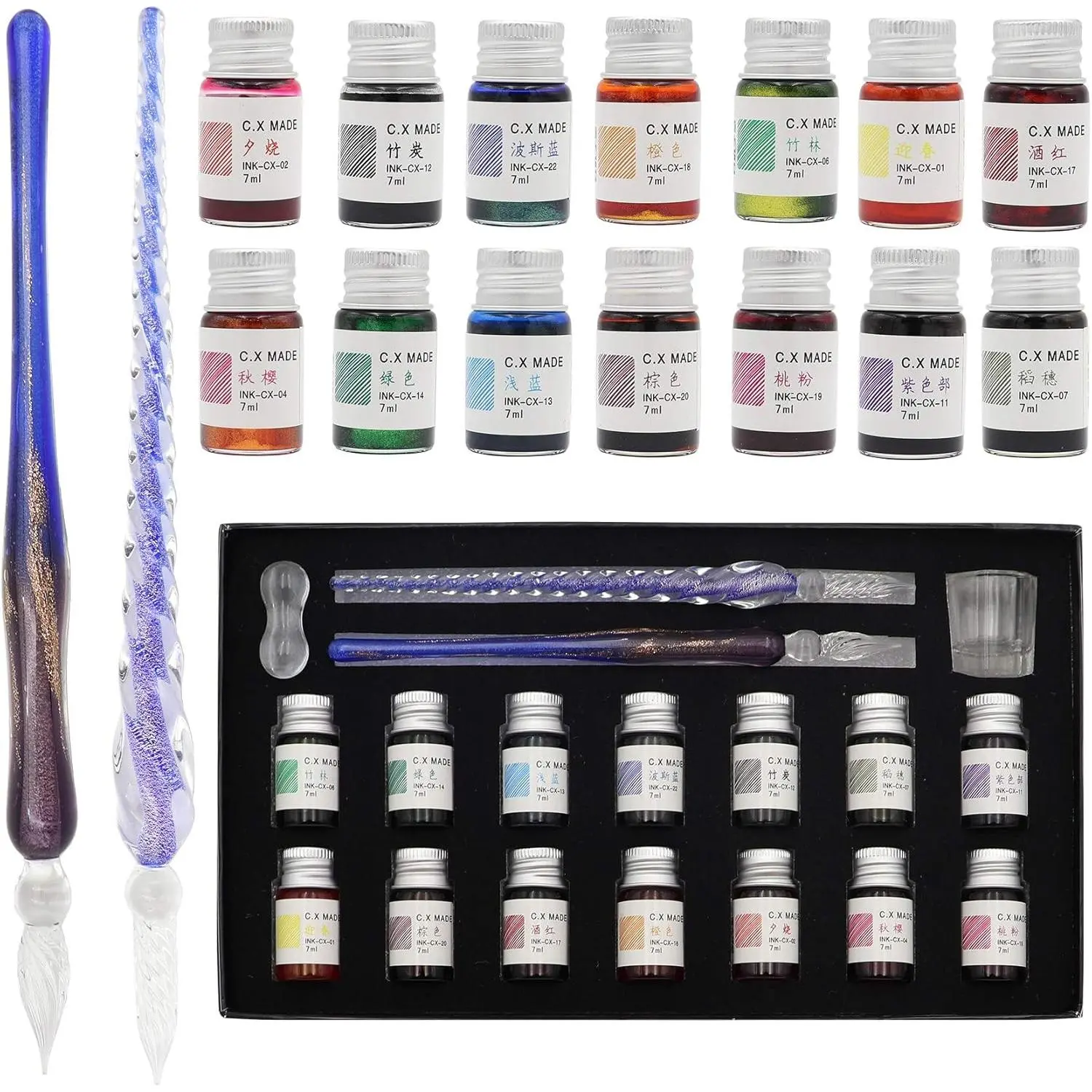 Glass Dip Calligraphy Pen Set, 18-Pieces 14 Color Inks, Pen Holder, Cleaning Cup, 2  Glass Pens for Art, Writing, Drawing, Signatures,  for  and Artist