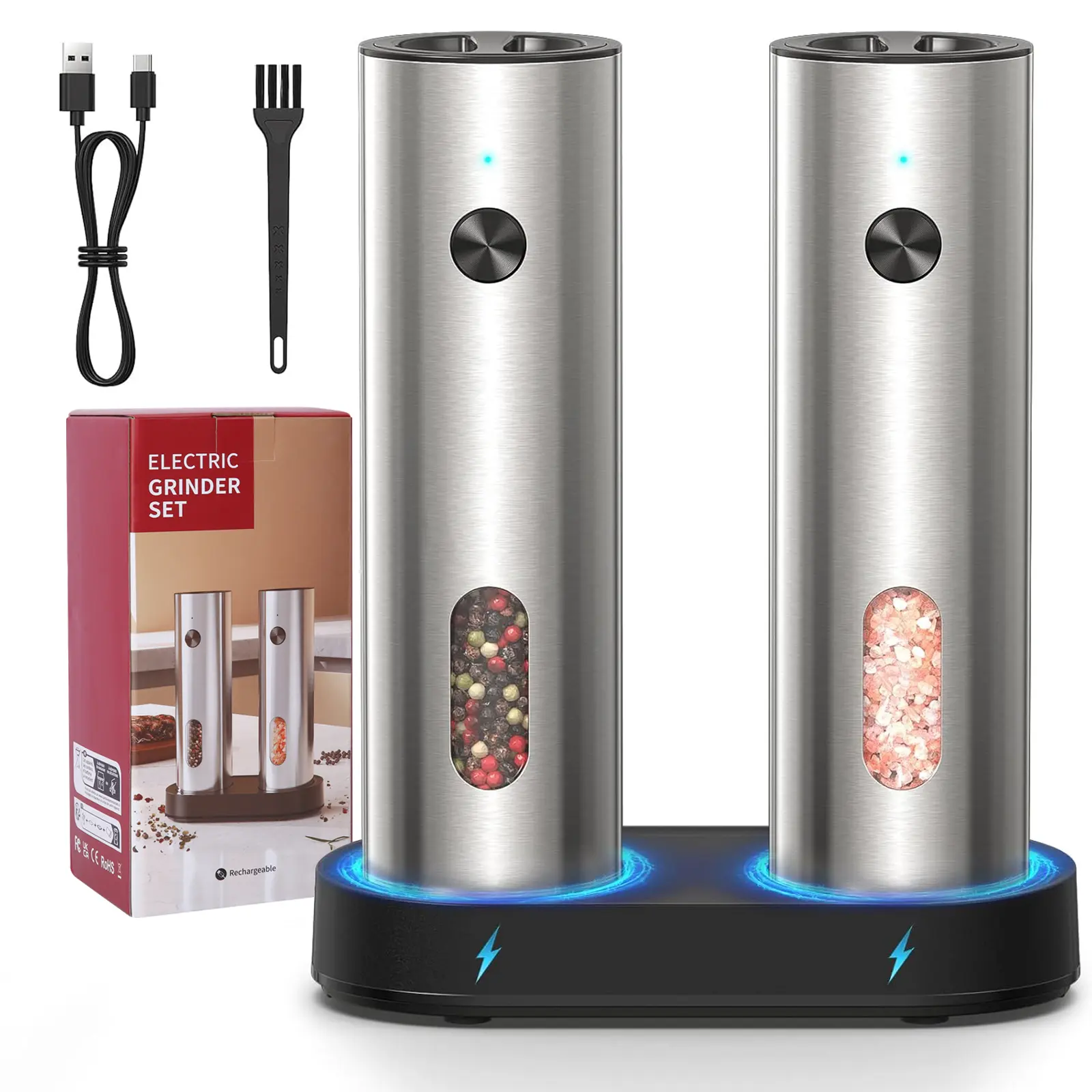 Rechargeable Electric Salt and Pepper Grinder Set - 110ml Stainless Steel Spice & Seasoning Mills, USB-C Dual Charging Base, 1 Manual Option, Adjustable Coarseness, Modern, Ideal for Kitchen Use (For Moms)