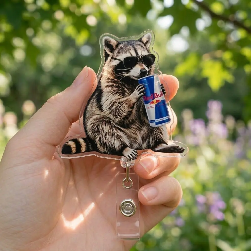 Funny Red Bull Raccoon Badge Reel, Cool Raccoon Sunglasses Acrylic ID Holder, Sarcastic Energy Drink Nurse Teacher Gift, Retractable Clip