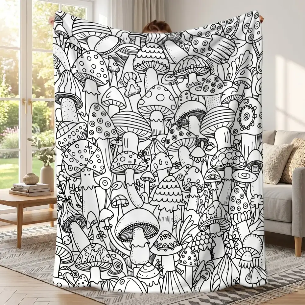 Mushroom Graffiti Coloring Blanket, 2D Flat Soft Plush Throw, All-Season Cozy Fluffy Blanket with Coloring Fun for Adults & Kids