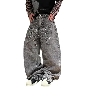Mens Baggy Jeans Spider Web Patch Wide Leg Jeans Hip Hop Denim Pants Loose Fit Skater Jean Trousers