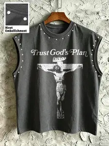 Vintage Jesus Cross Print Sleeveless Vest, Trust God's Plan Letter Print Rivet Decor Top, Men's Gothic Streetwear Jacket, Unisex Comfortable Tee
