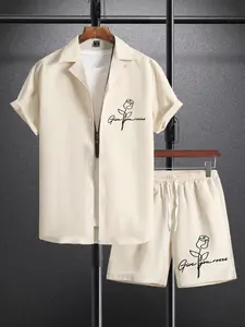 Summer Men's Rose Print Short Sleeve Shirt and Shorts Set, Casual Loose Beach, Multiple Colors Available, Slim-Fitting Style