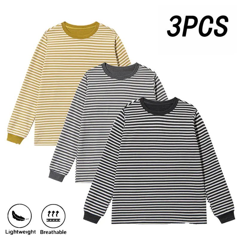 3-Pack Men’s Striped Long-Sleeve T-Shirts | Lightweight, Breathable Crew Neck Tops | Soft, Comfortable Casual Base Layer | Everyday Comfortable Wear