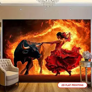 1pc 2D Flat Flamenco Dancers and Bullfighting Scenes Backdrop Banner - Vibrant Red Dress Dancer with Bull, Durable Polyester Wall Art for Live Streaming, Parties, Weddings, Birthdays, Anniversaries - Indoor/Outdoor Decor, Party Backdrop |       Dramatic S