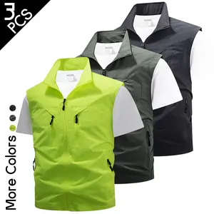 3PCS,Men's Outdoor Vest Lightweight Breathable Fishing Hiking Gilet Multi-Pocket Sleeveless Cargo Jacket for Travel Photography