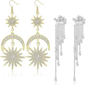 ZELORES 2Pairs Exaggerated Sun Moon Drop Earrings Gold Boho Vintage Earrings Jewelry Rhinestone Long Dangle Earrings for Women Bling Stylish Accessory