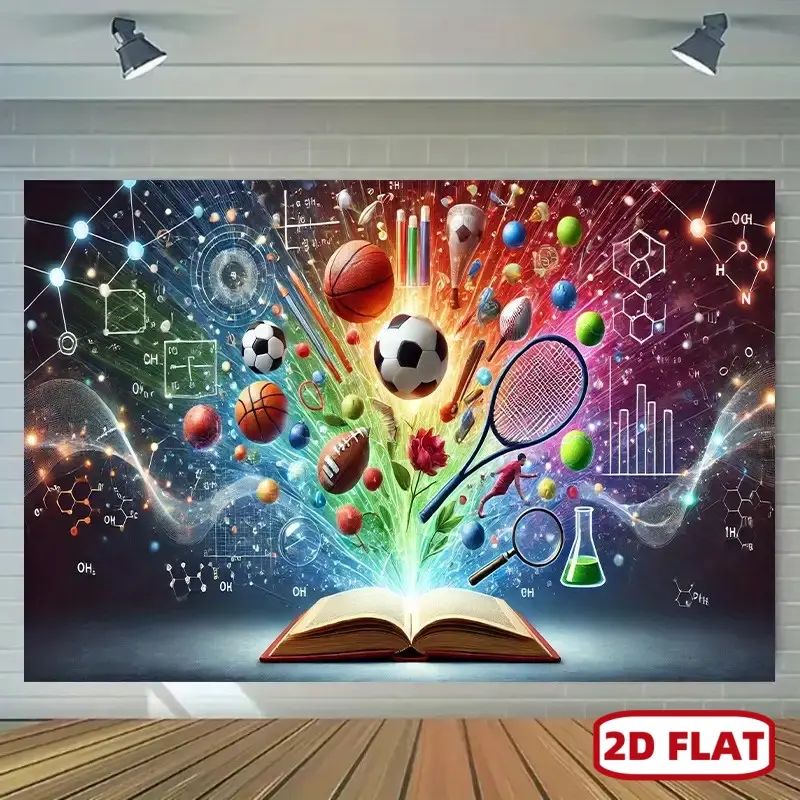 1pc Colorful Sports-Themed Polyester Wall Decoration - 1-Piece Photographic Backdrop with Basketball, Soccer, Baseball, Tennis, Science Elements - Non-Electric, Machine Wash, Glam Look Textile Wall Accent