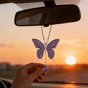 Sparkling Butterfly Car Hanging Ornament, Rearview Mirror Tassel Decor, Car Interior Decoration, Elegant Auto Accessory