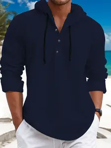 Men's Casual Fashion Hooded Shirt Jacket, Button Front Long Sleeve Vintage Style, Versatile Minimalist Simple Design, Plain, Perfect for Daily Wear