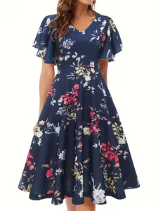 Women's V Neck Floral Dress, Elegant Chic Woven Long Sleeve A-Line Maxi Dress, Casual Summer Fashion, Available in Multiple Colors, Casual Wear