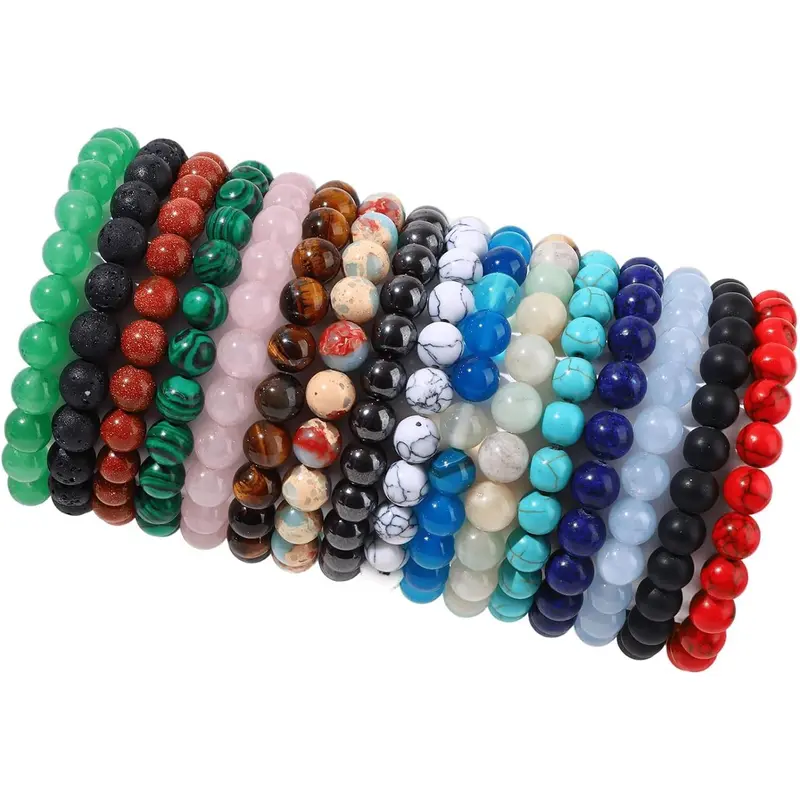 MILAKA 16-Pc High-Quality Healing Stone Beaded Bangles Bracelets Set - 8mm Unisex Elastic Size Adjuster Jewelry Bracelet, Shiny Bead Stress Relief Yoga Gift for Adults