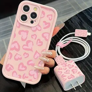 Heart Pattern Phone Case & Charger Data Cable Protector Set, Phone Cover, Phone Accessories Compatible with iPhone 16 15 14 13 12 11