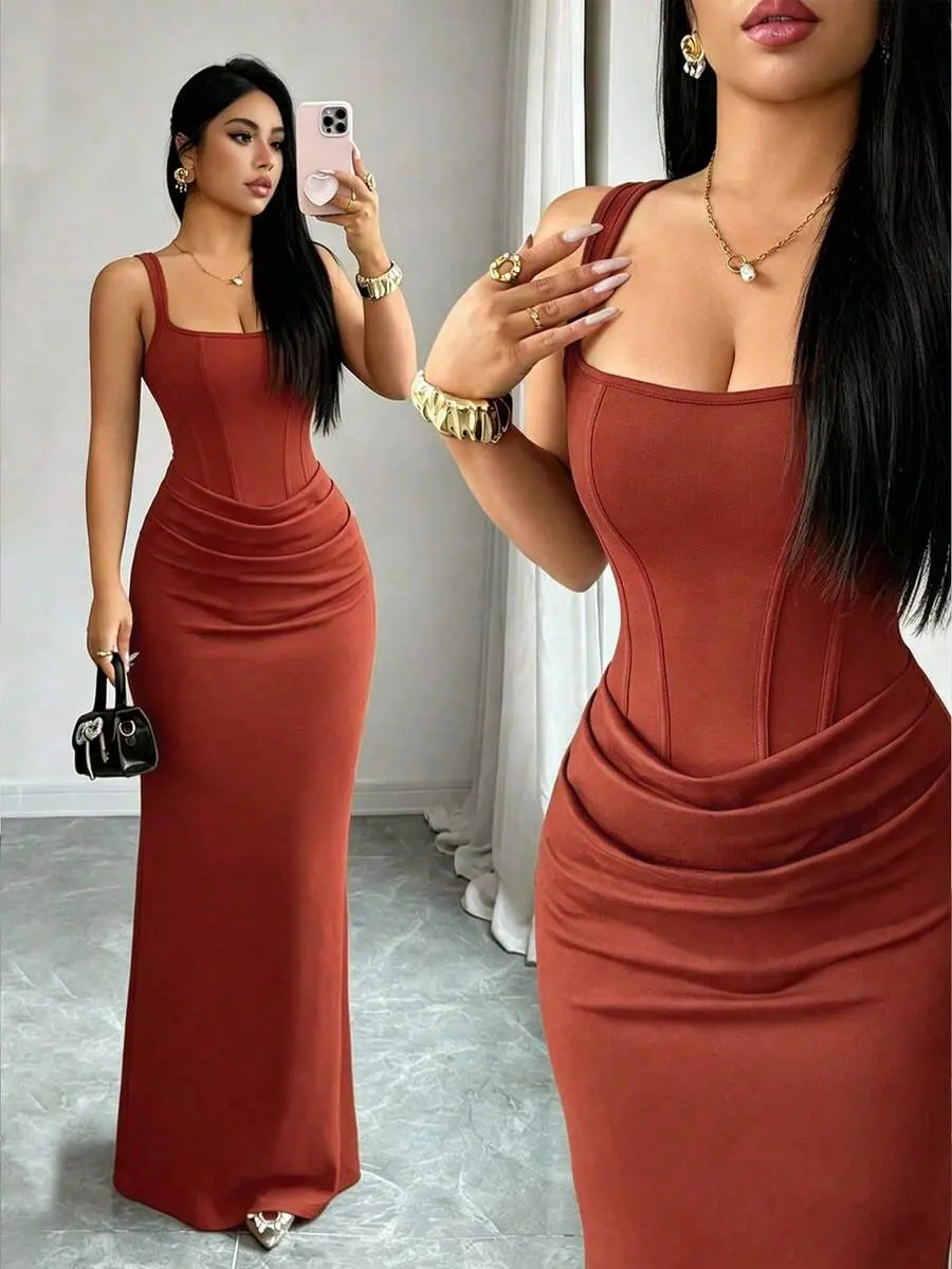 Rust Brown Summer Elegant Night Out Dress,French Square Neck Faux Boning Trim Bodycon Fish Tail Gown,Waist Drape Design Wedding Guest Dress,Party